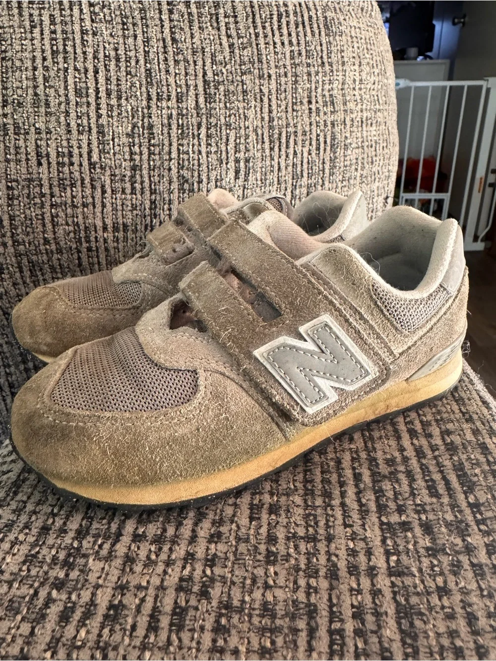 New Balance Kids Tan Grey Velcro Sneakers